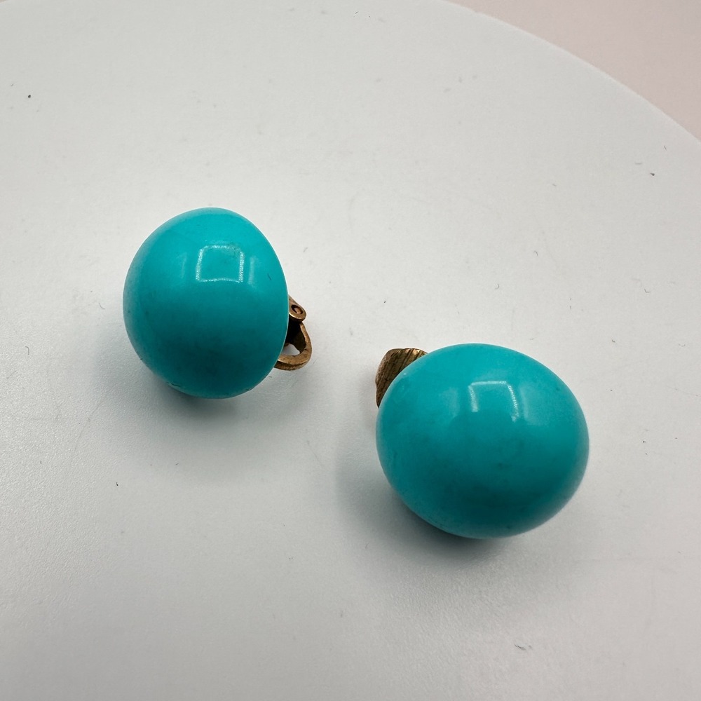 Vintage 90s Gold Tone Turquoise Blue Dome Earrings Women's Classic Jewelry